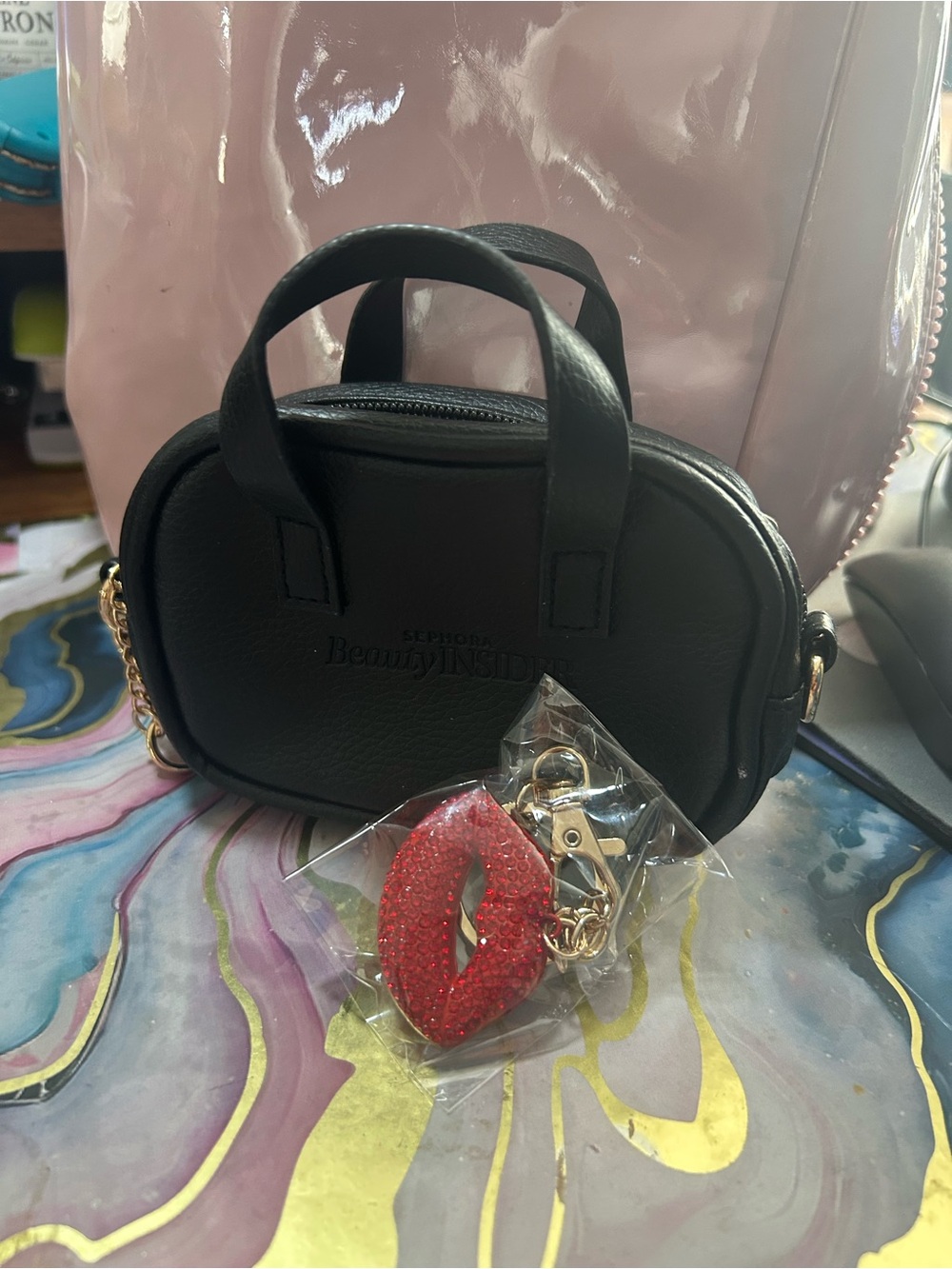 Sephora Black Mini Handbag with Gold Chain and Red Lip Charm